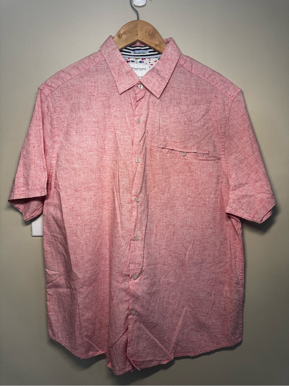 Denim & Flower Ricky Singh Pink Solid Short Sleeve Button-Up Shirt XL Cotton